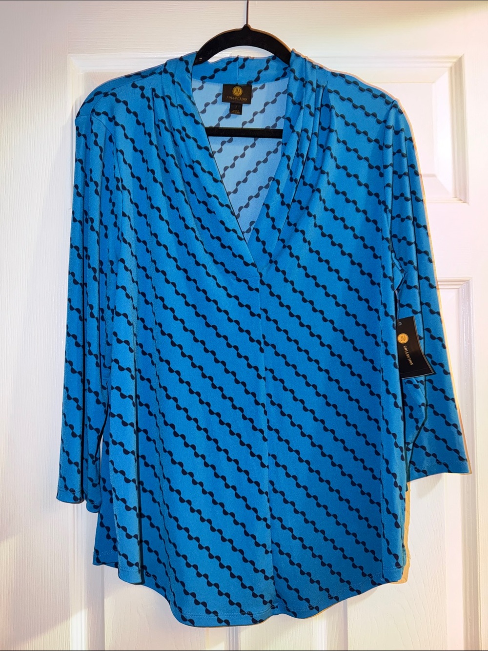 JM Collection Blue V-Neck Tunic with Diagonal Dot Stripe